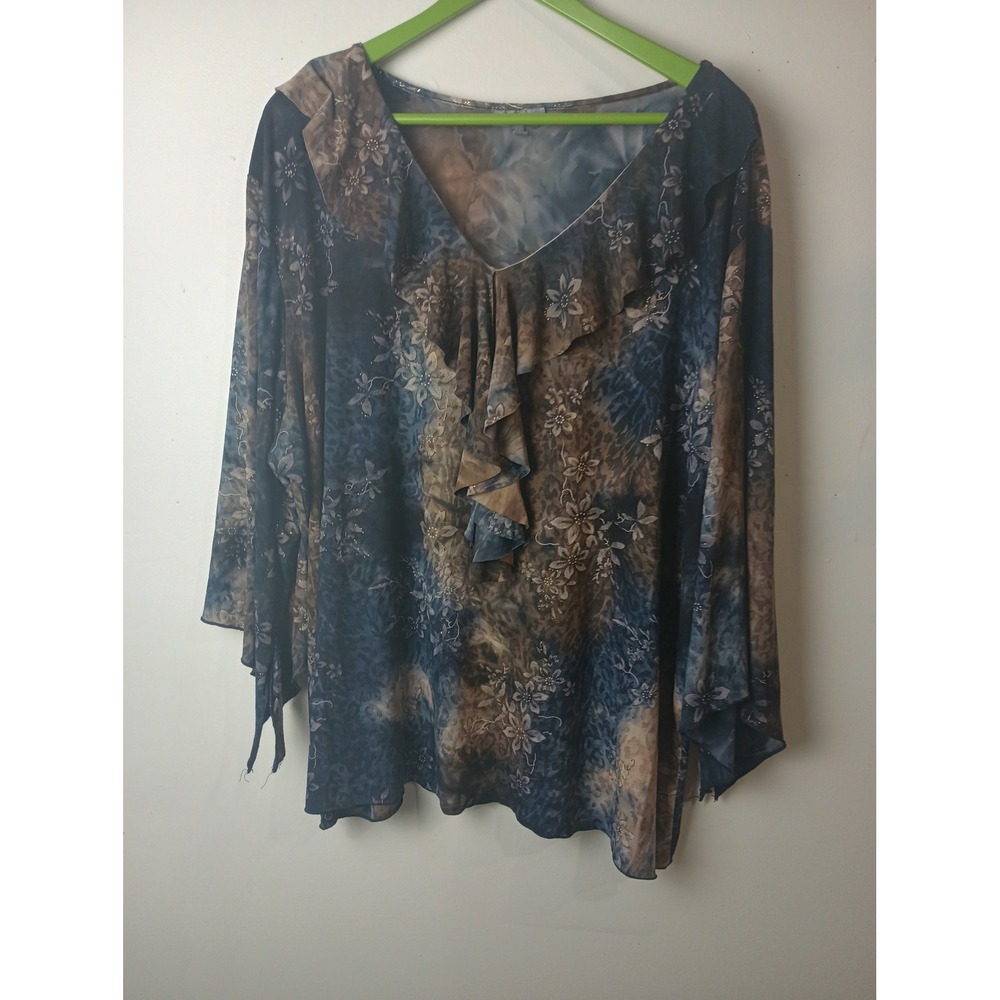 Essentials Women 4X Blue Brown Floral Tie Dye Ruffle V-Neck Goth Fairy Blouse